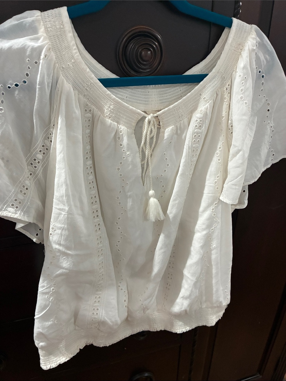 Lucky Brand White Eyelet Peasant Blouse with Tassel Tie